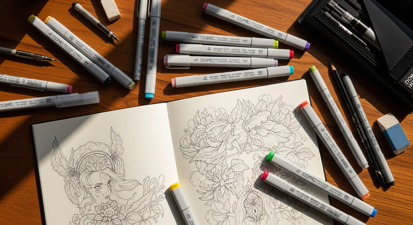 Рабочее место художника с маркерами