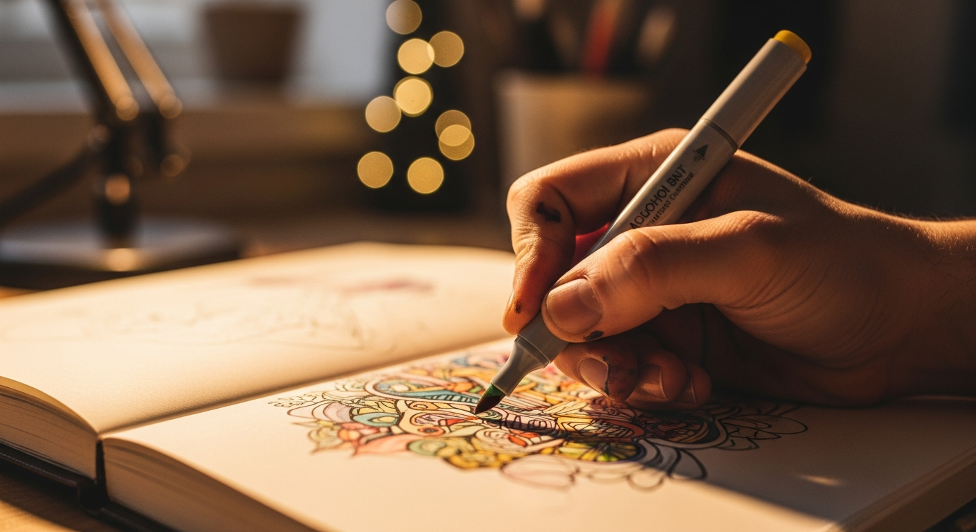 Процесс рисования маркером в скетчбуке